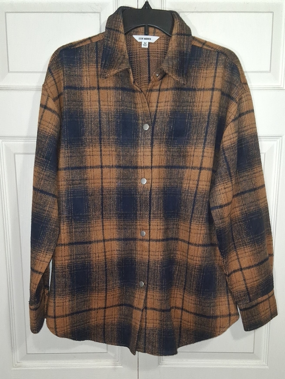 Steve Madden Plaid Snap Up Shacket- Peacoat Tan Brown Navy Blue - M